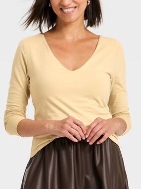 Women's Sculpt Long Sleeve V-Neck Top - A New‎ Day™ Tan L
